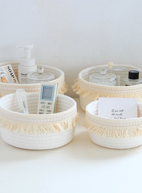 收纳盒桌面杂物化妆品绳子编织篮玄关手工棉线储物收纳筐子零食筐