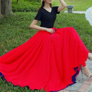 【12米超大群摆】双层两面穿720度雪纺半身长裙新款舞蹈红色舞裙