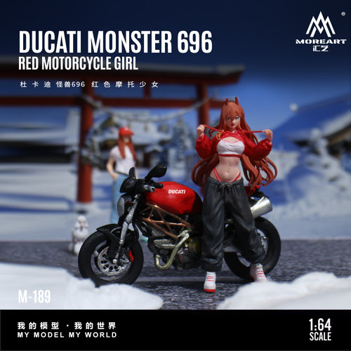 汇艺MoreArt1:64  杜卡迪怪兽696红色摩托少女树脂模型 微缩 造景