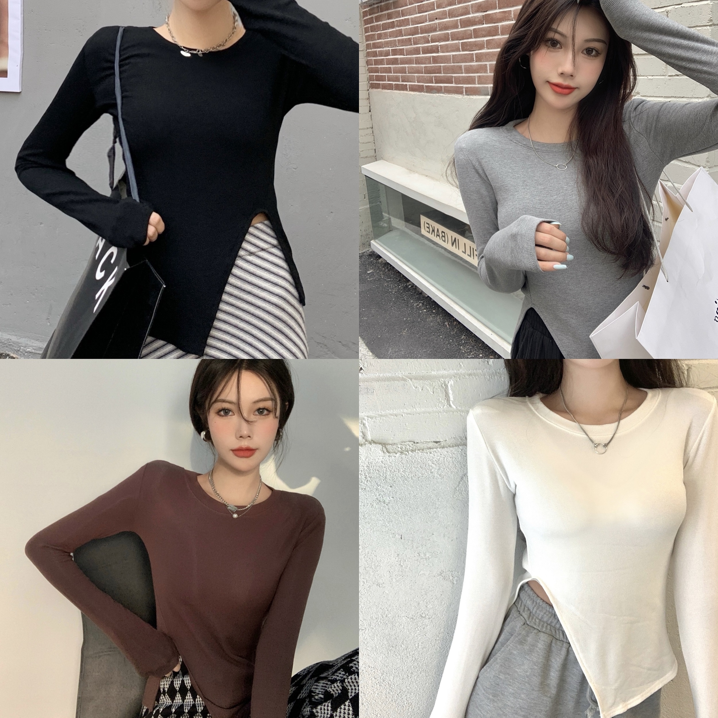 Real shot and real price: Korean versatile thin elastic side split slim T-shirt