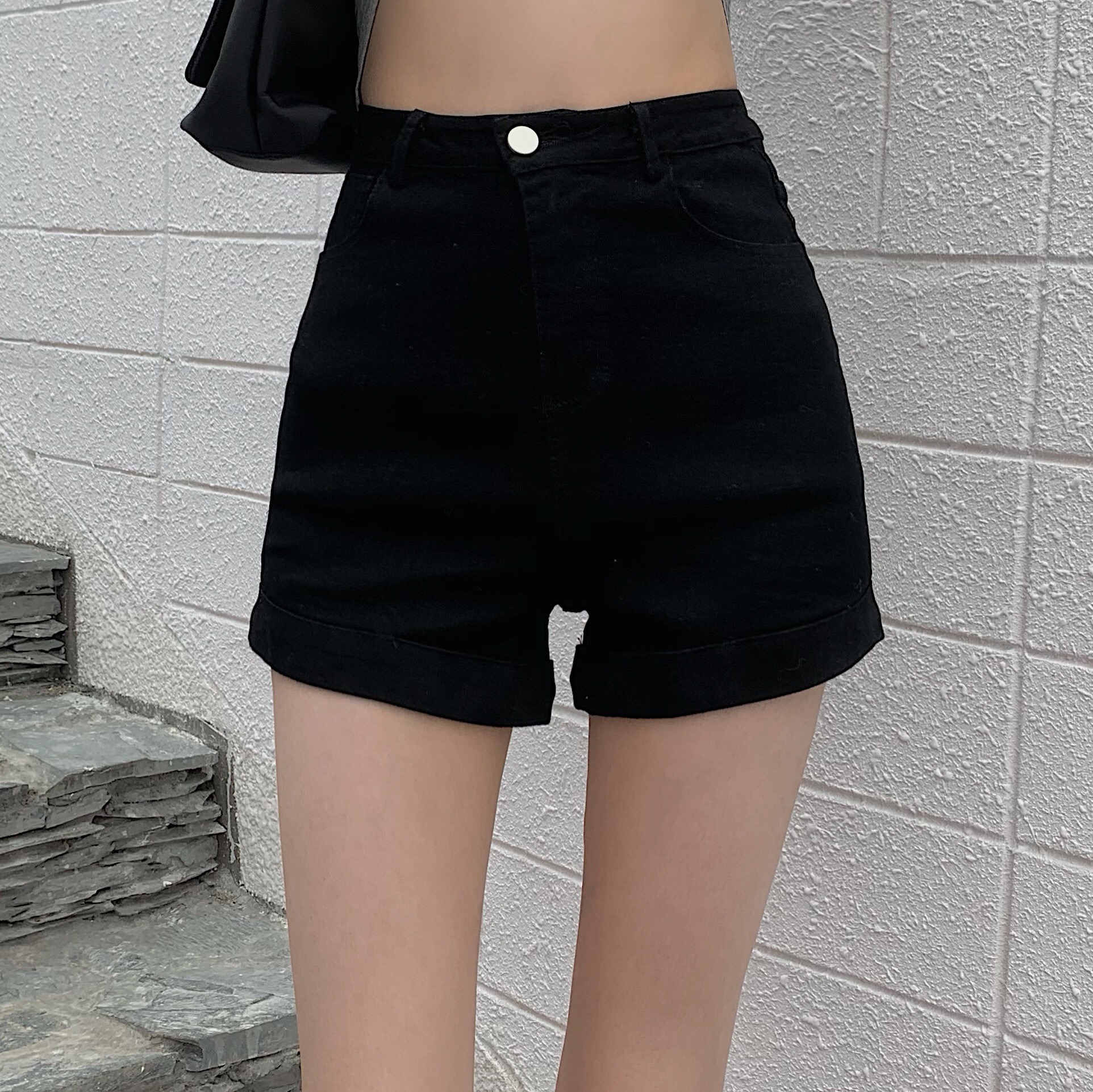 Korean Retro High Waisted and thin hot pants with curled edge denim shorts