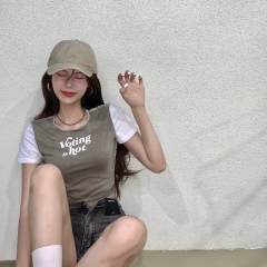 Korean color matching letter printing Casual Short T-shirt