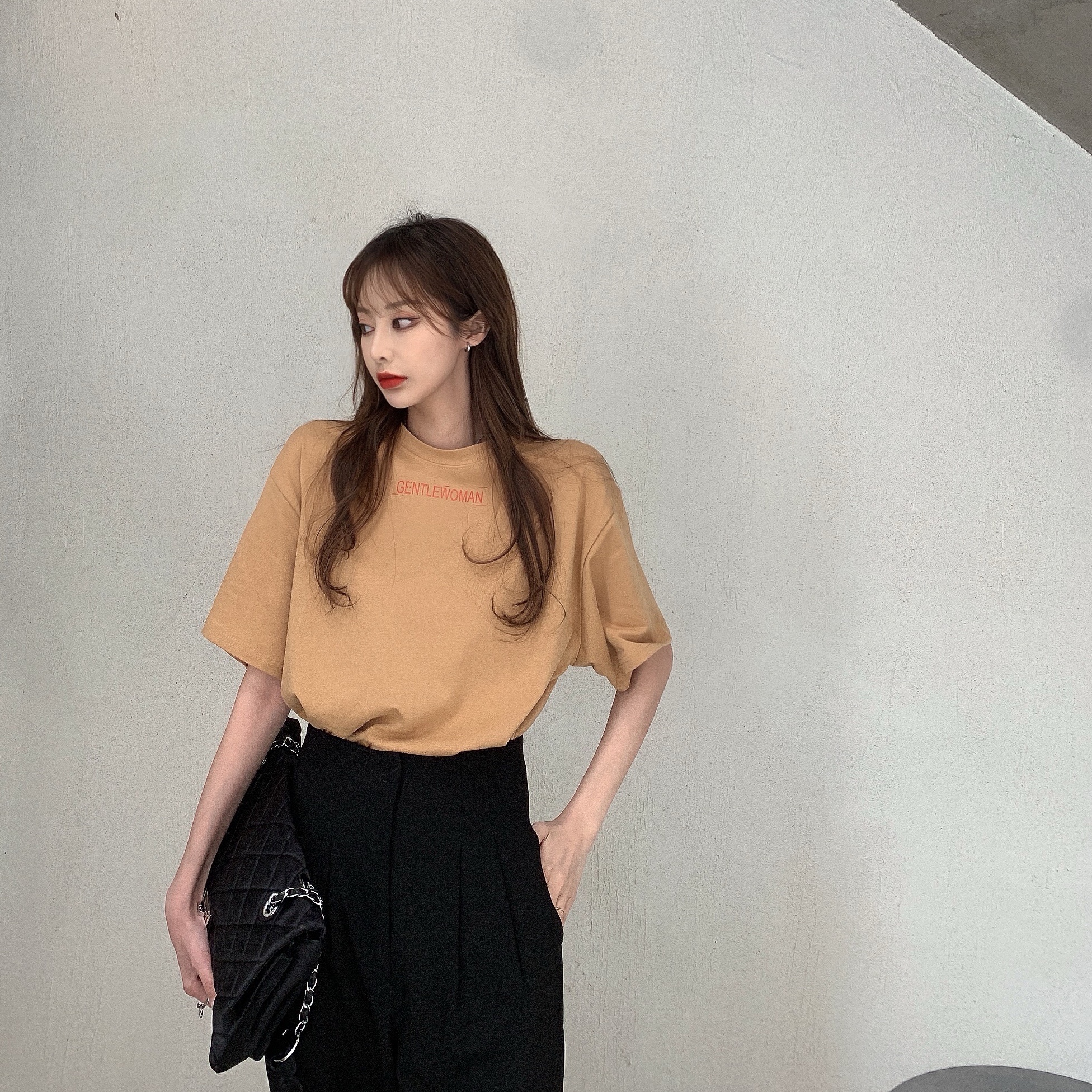 Korean loose casual letter printed medium and long T-shirt