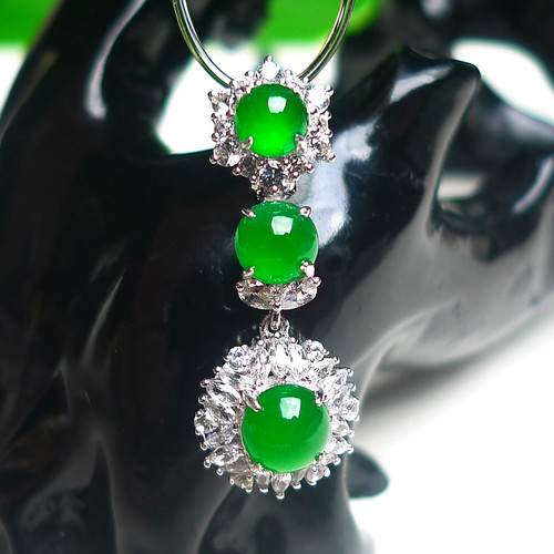 缅甸天然翡翠A货老坑18k金镶冰种阳绿蛋面吊坠玉挂件三蛋面特色款