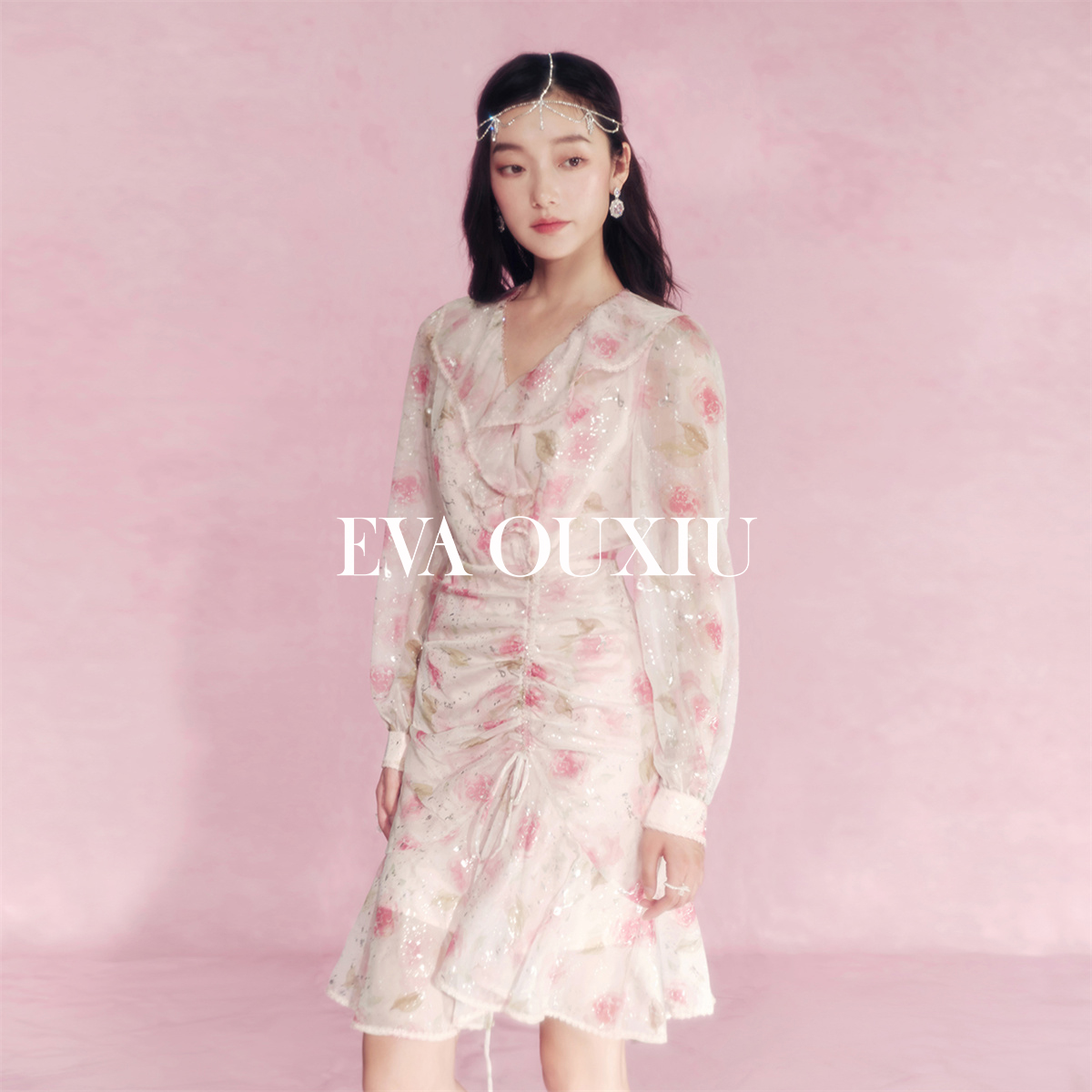 千金风鱼尾裙聚酯纤维碎花