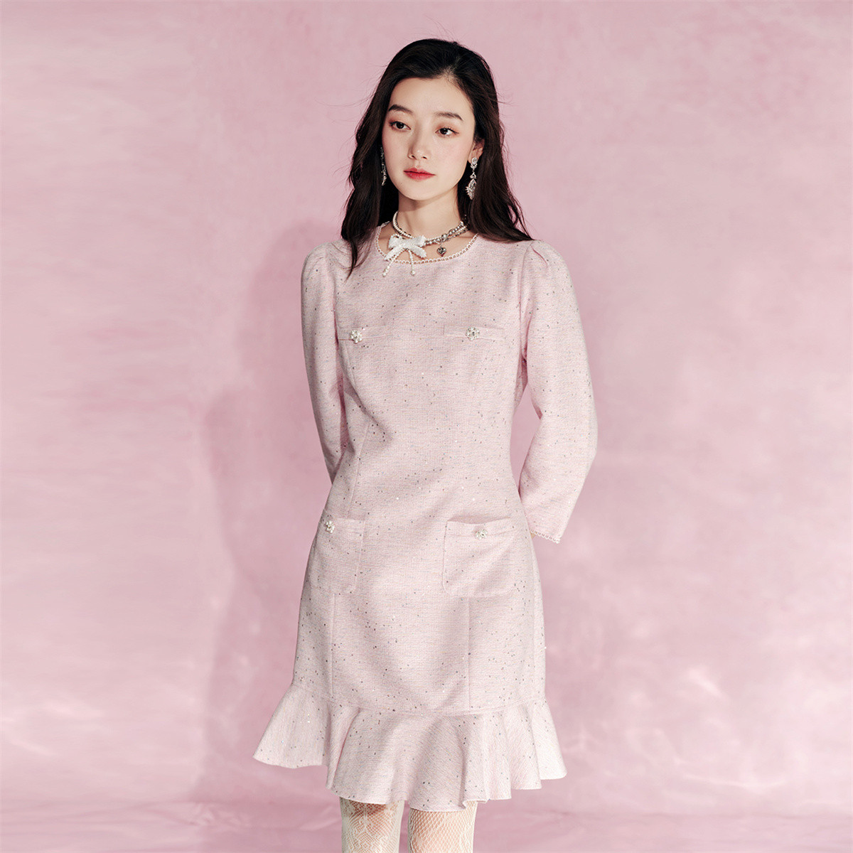 千金风鱼尾裙聚酯纤维纯色