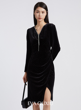 【限时直降】伊华欧秀丝绒连衣裙年会礼服派对小黑裙E35ZQ0977