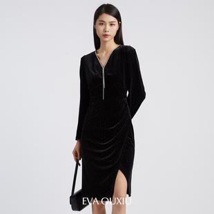 【直降】伊华欧秀丝绒连衣裙年会礼服派对小黑裙E35ZQ0977