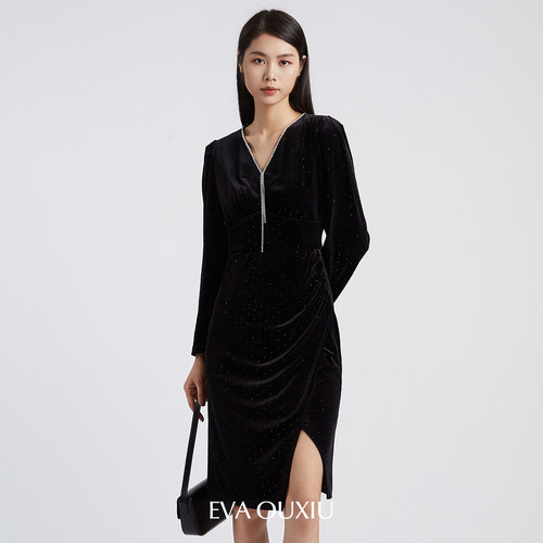 【限时直降】伊华欧秀丝绒连衣裙年会礼服派对小黑裙E35ZQ0977