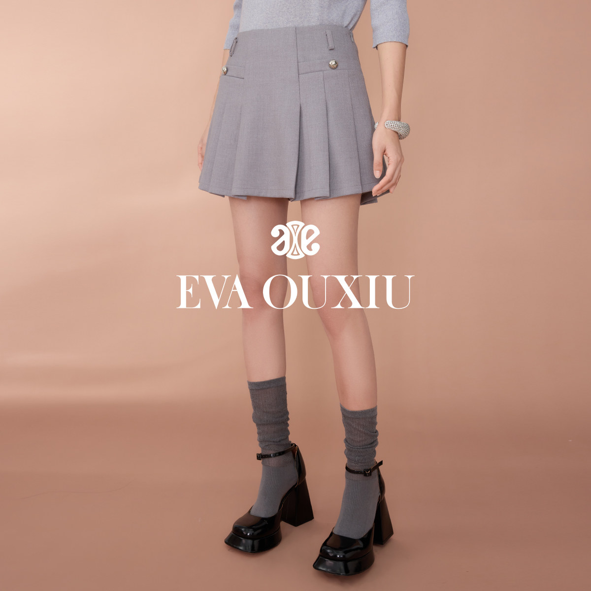 【限时直降】伊华欧秀灰色高腰半身裙女MIU系百褶短裙45KAQ5266