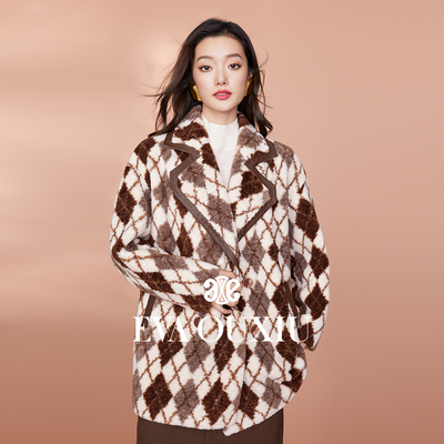 【限时直降】伊华欧秀菱格纹外套女复古中长大衣仿皮草450CS4230