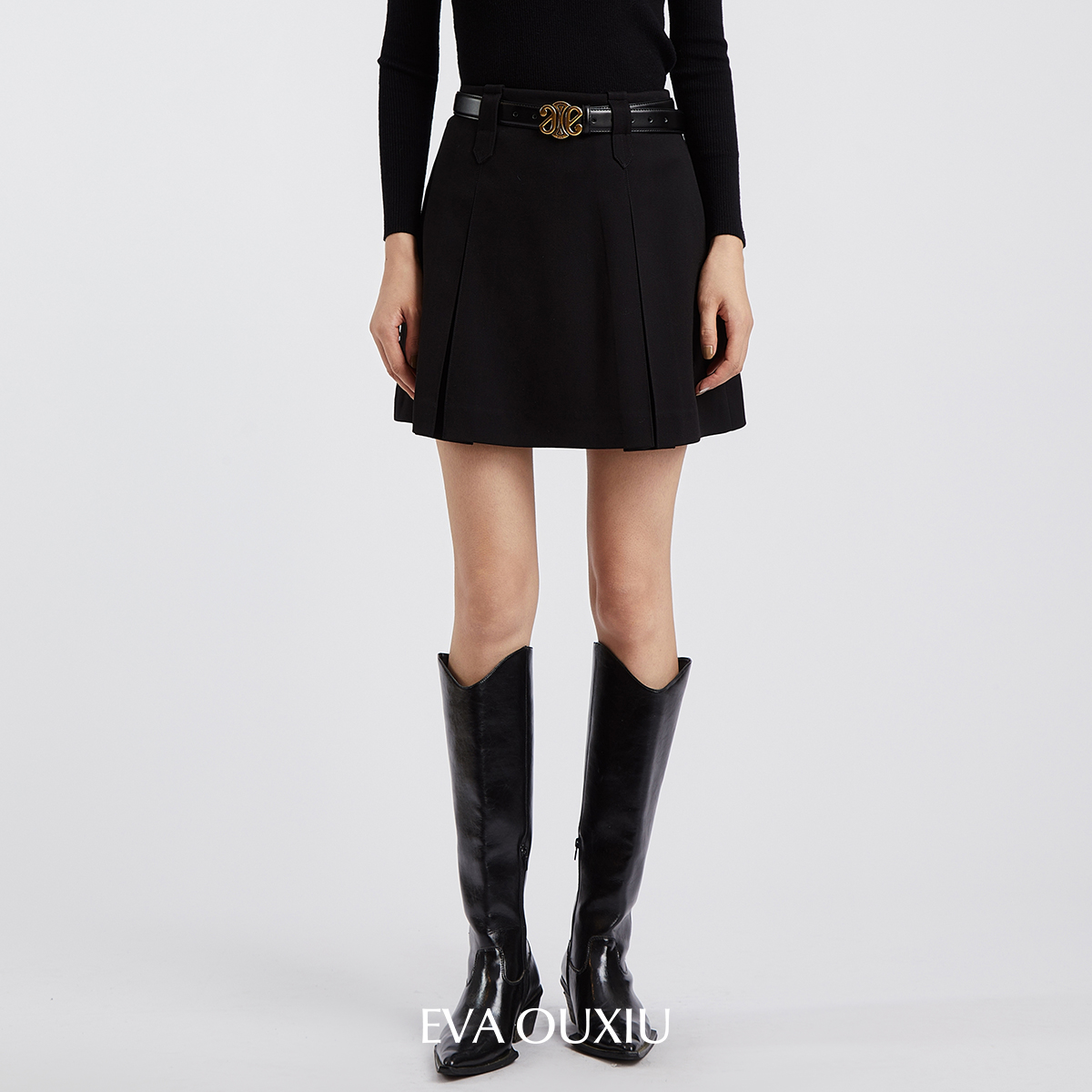 【限时直降】伊华欧秀百褶裙女高腰a字短裙气质黑色半身E35AQ0868