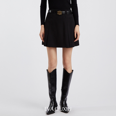 【限时直降】伊华欧秀百褶裙女高腰a字短裙气质黑色半身E35AQ0868