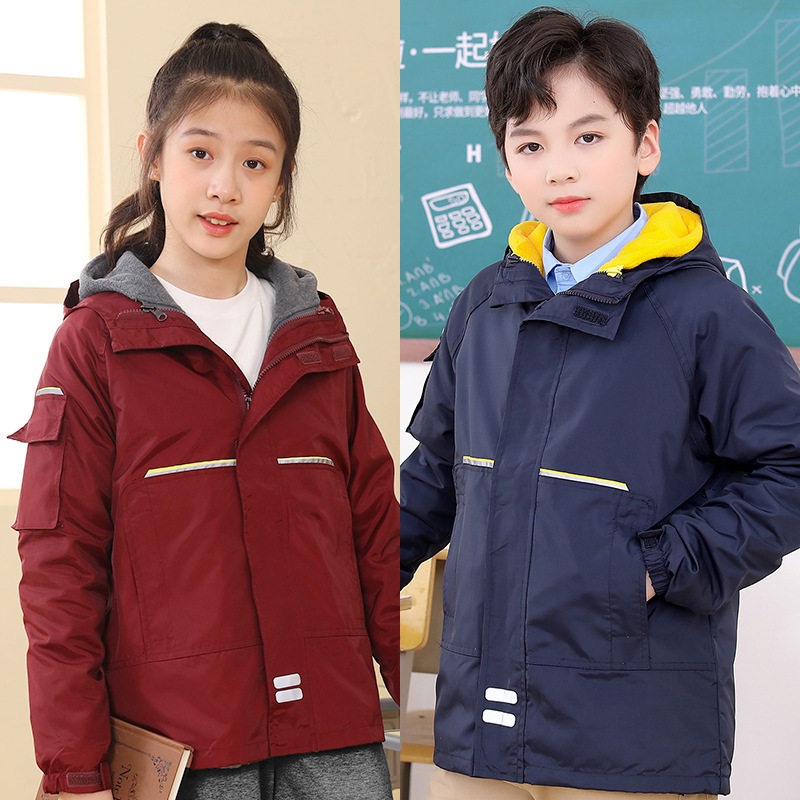 儿童冲锋衣春秋冬款加绒保暖女童校服中小学生英伦学院风男童外套