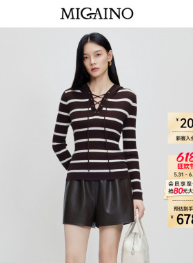 Migaino曼娅奴女装秋冬新款休闲减龄绑带连帽条纹针织衫MP42WH225