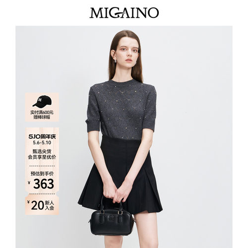 Migaino曼娅奴女装秋季新款时尚感圆领百搭贴钻短袖套头针织衫