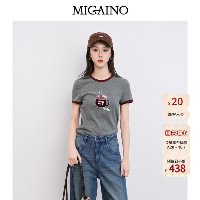 Migaino曼娅奴女装2026年夏季新款圆领卡通拼色正肩T恤MQ22RA014图片