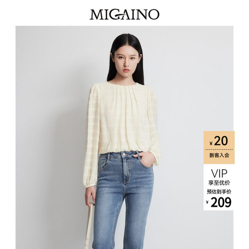 Migaino曼娅奴女装春季新款圆领法式气质优雅长袖衬衫上衣