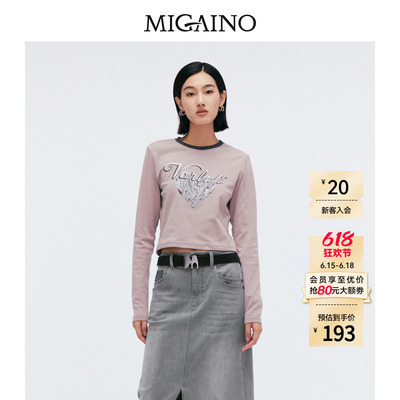 Migaino曼娅奴女装春新款气质感正肩印花长袖T恤MP12RC022