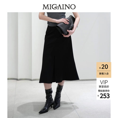 Migaino曼娅奴女装秋冬新款高腰显瘦设计感开叉黑色半身裙