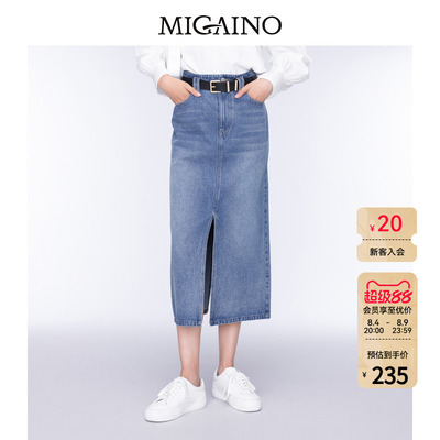 Migaino曼娅奴女装秋季新款高腰开叉设计牛仔半裙MO32EJ003