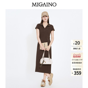Migaino曼娅奴2026夏季新款V领短袖收腰显瘦减龄裙子休闲连衣裙女