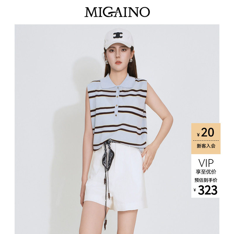 Migaino曼娅奴女装2026年夏季新款松弛感条纹宽松无袖套头针织衫