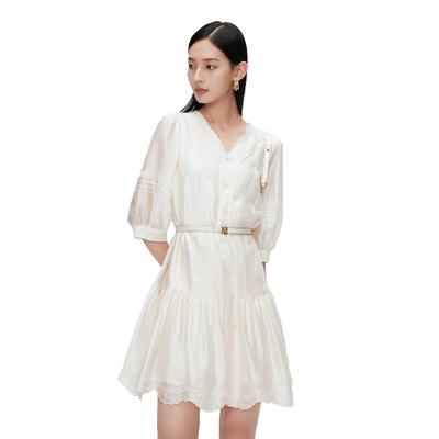 Migaino曼娅奴夏季新款高级感裙子优雅气质V领连衣裙女MO22DA119