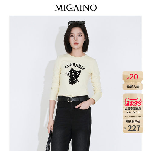 Migaino曼娅奴女装2026年秋季新款圆领卡通猫咪植绒印花长袖T恤