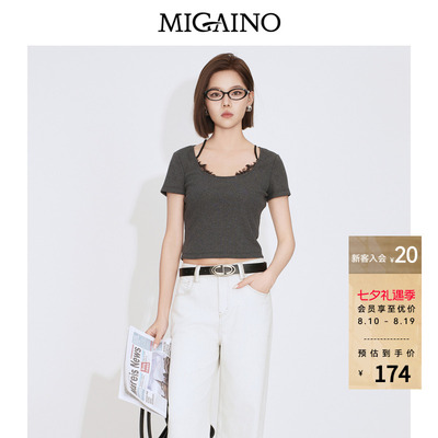 Migaino曼娅奴女装2026年夏季新款设计感蕾丝拼接轻熟风短袖T恤