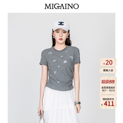 Migaino曼娅奴女装2026年秋季新款圆领正肩别致刺绣T恤MQ32RA001