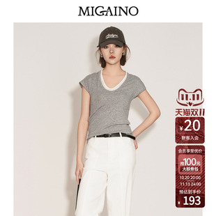 Migaino曼娅奴女装2026夏季新款设计感拼接假两件薄款短袖T恤