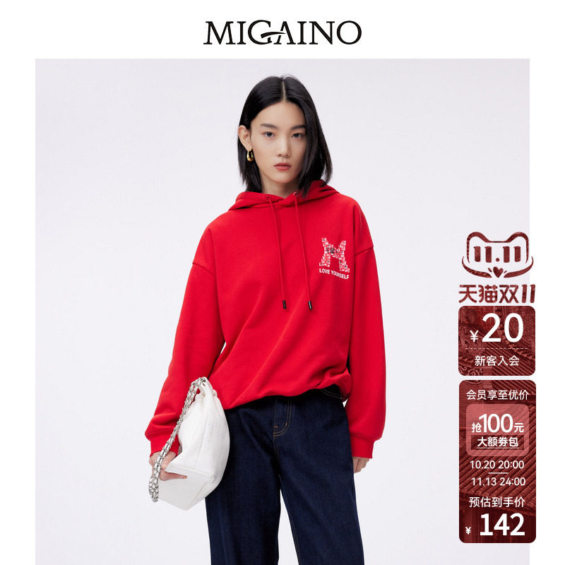 Migaino曼娅奴卫衣女春季新款红色连帽休闲卫衣MO12QC005
