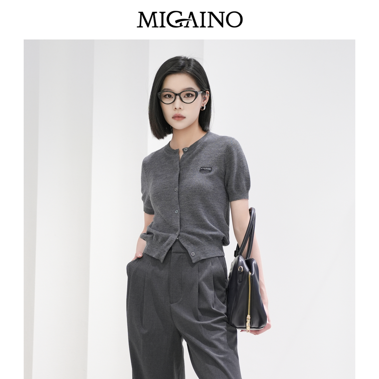 Migaino曼娅奴女装秋季新款高级感圆领短袖羊毛针织开衫MP32JK216