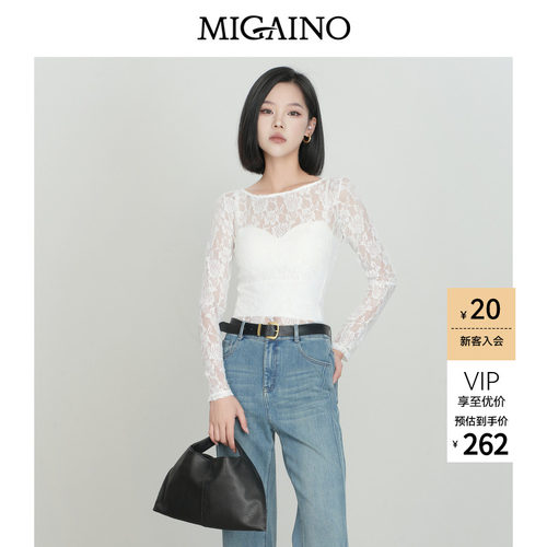 Migaino曼娅奴女装秋季新款时尚显瘦性感风透视蕾丝打底衬衫