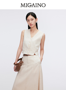 Migaino曼娅奴女装夏季新款V领无袖杏色上衣短款MO22CA006