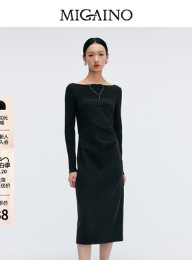 Migaino曼娅奴女装春季新款一字肩优雅收腰连衣裙MP12DC050