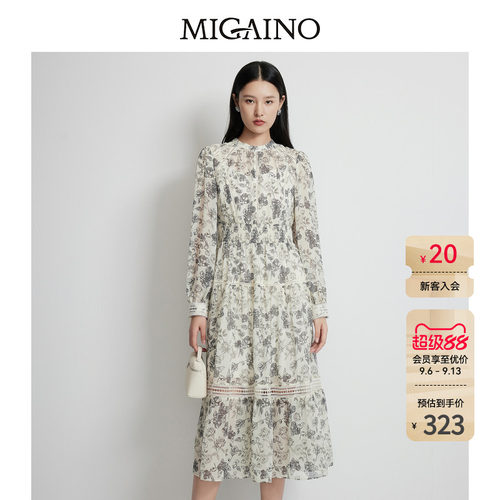 Migaino曼娅奴女装2026春季新款飘逸感小众别致碎花长袖连衣裙