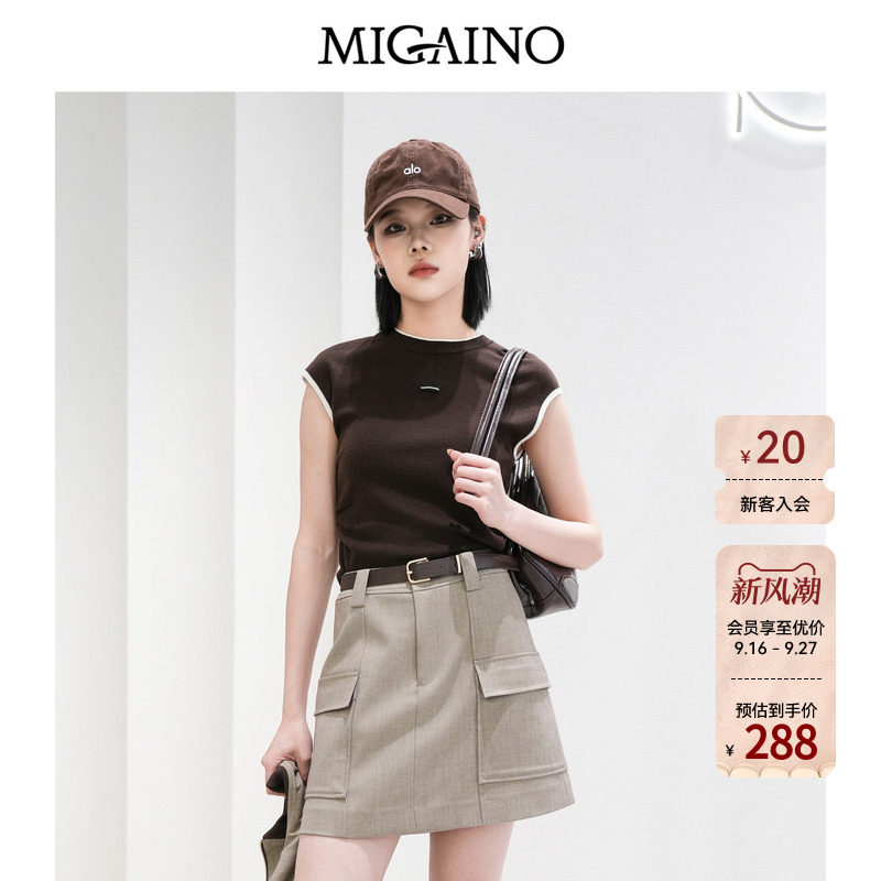 Migaino曼娅奴女装春季新款休闲风圆领拼接套头针织衫MQ12KW245图片