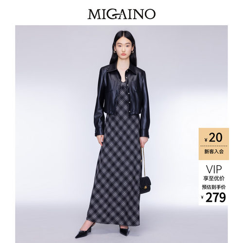 Migaino曼娅奴女装秋秋季款设计感格纹吊带连衣裙MO32DD064