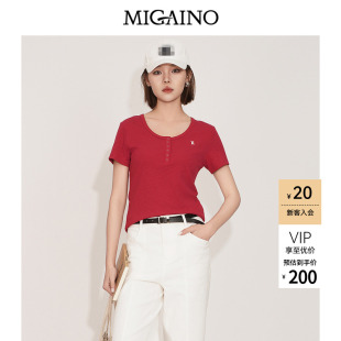 Migaino曼娅奴女装2026夏季新款小个子复古风正肩显瘦百搭短袖T恤