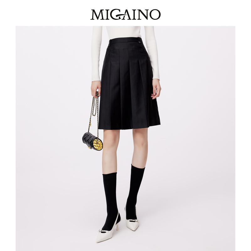 Migaino曼娅奴黑色半身裙女2023秋冬新款气质高腰百褶A字短裙
