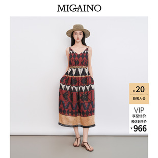 Migaino曼娅奴女装2026年夏季新款民族风印花吊带连衣裙MQ22DD068