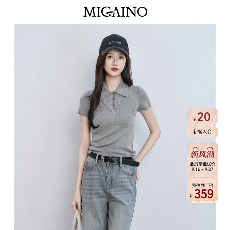 Migaino曼娅奴2026夏季新款假两件T恤灰色短袖针织衫女MQ22KW209图片