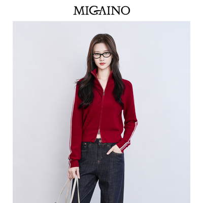 Migaino曼娅奴女装春季新款街头风修身运动休闲开衫毛衣MQ12JK214
