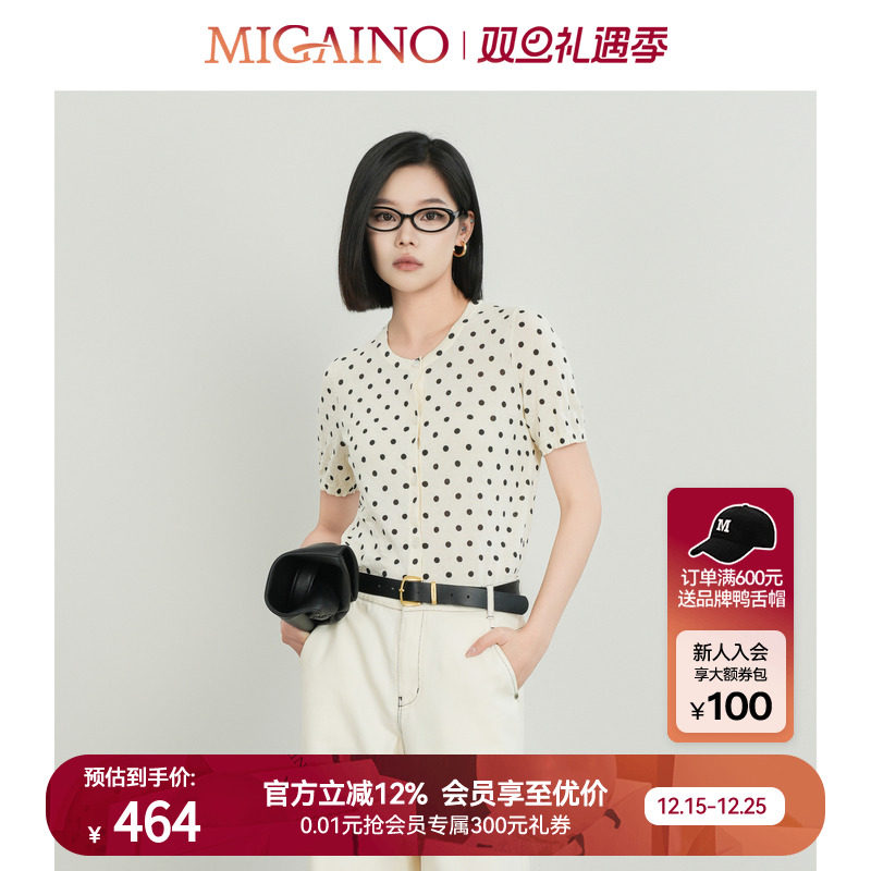 Migaino曼娅奴女装秋季新款时尚减龄波点短袖针织开衫MP32JK215