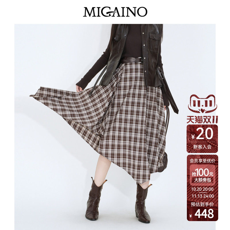 Migaino曼娅奴女装2026年秋季新款设计感复古风不规则格子半身裙