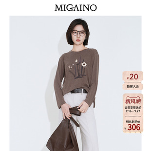 Migaino曼娅奴女装2026年秋季新款设计感植物印花薄款长袖宽松T恤