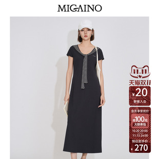 Migaino曼娅奴女装2026夏季新款休闲简约百搭修身显瘦开叉连衣裙