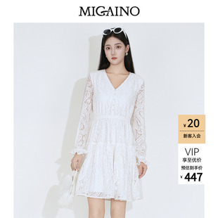 Migaino曼娅奴女装2026年秋季新款高级感优雅蕾丝绣花长袖连衣裙